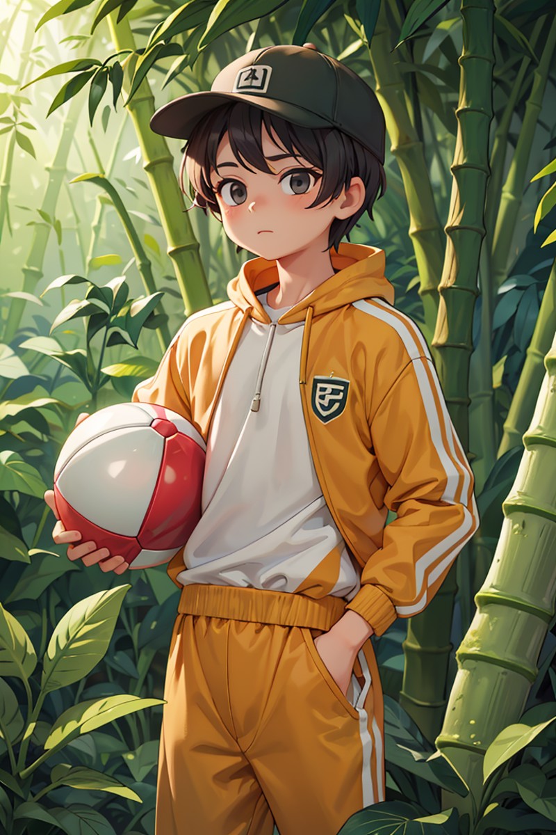 ((best quality, masterpiece)),dramatic,This is a very cute one wearing a cap,1man,wearing a tracksuit,Holding the ball in ...